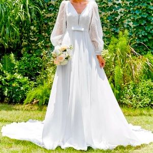 NWT Contrast Mesh V-neck Lantern Sleeve Chiffon Wedding Dress Without Veil
